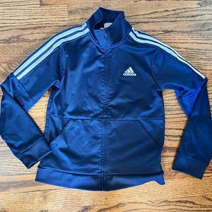 Navy blue adidas zip up jacket with pockets. Size 8.